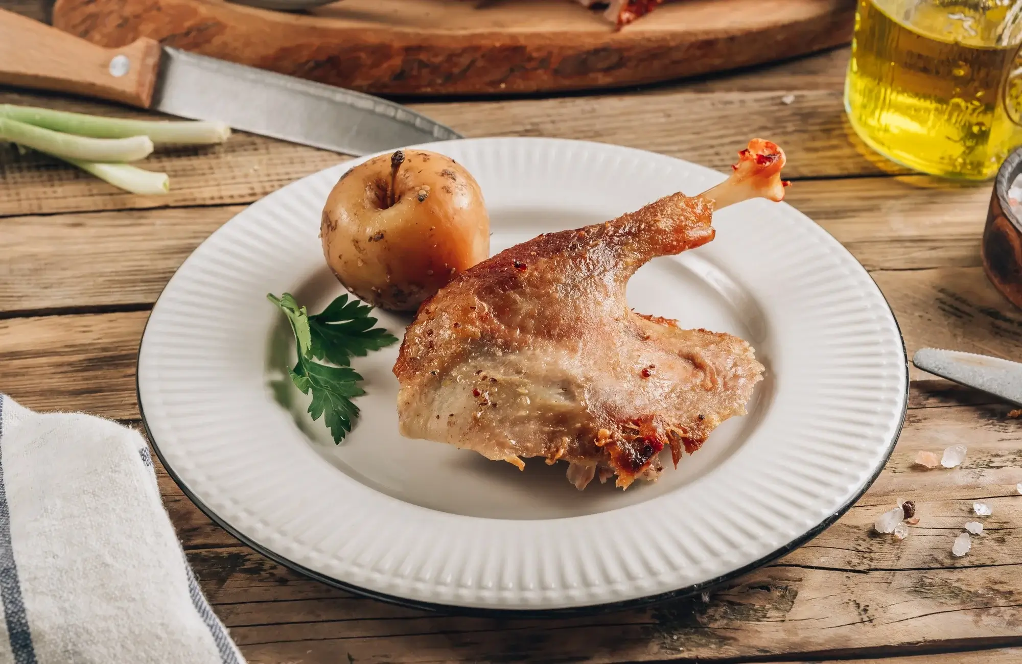 Crispy golden duck legs cooked in airfryer with herbs and sides