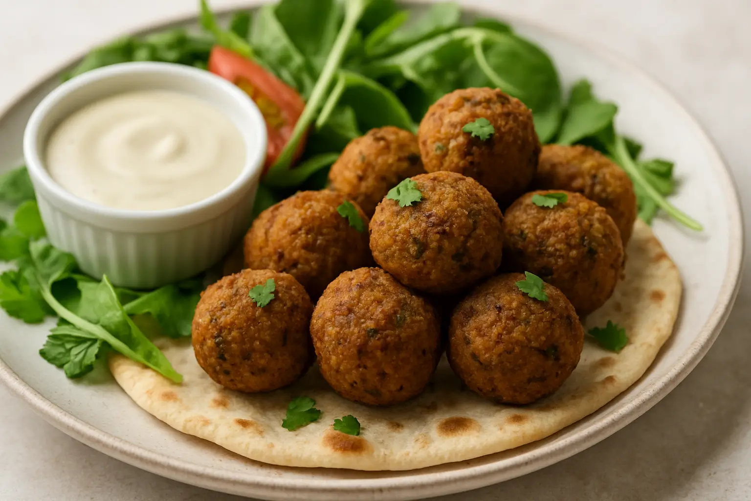 Falafel in air fryer on a plate with salad and sauce