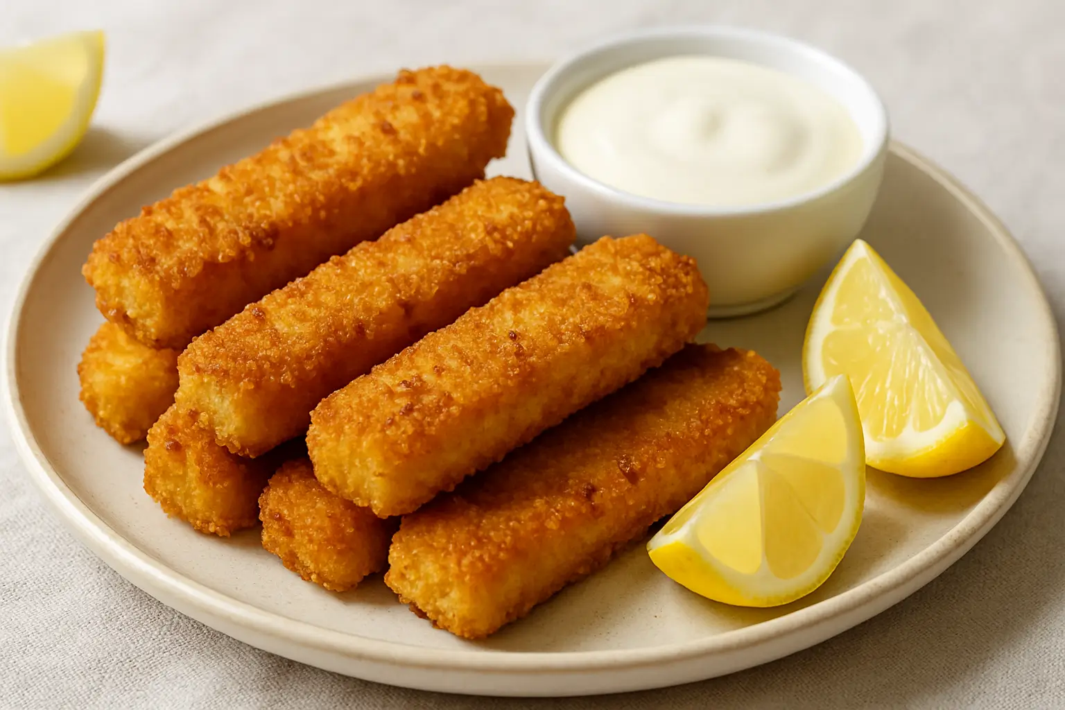 Fish sticks in air fryer with dipping sauce and lemon
