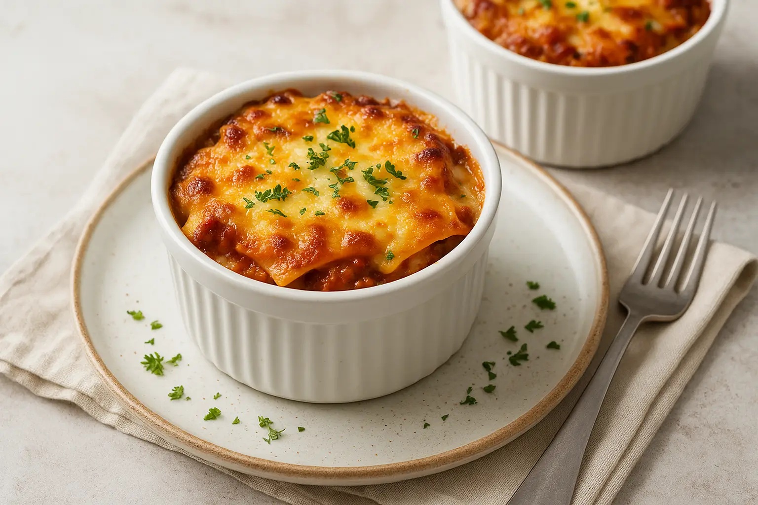Lasagnette in air fryer baked in ramekins with cheese topping