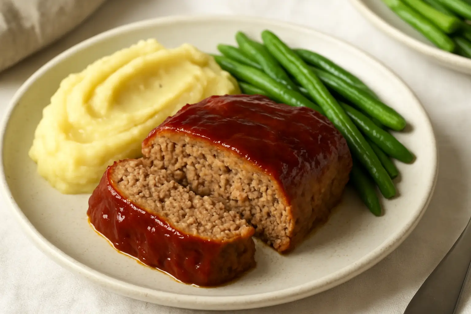 Sliced meatloaf in air fryer served with potatoes and vegetables