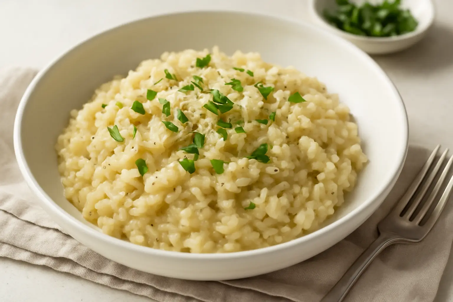 Risotto in air fryer served with parmesan and herbs