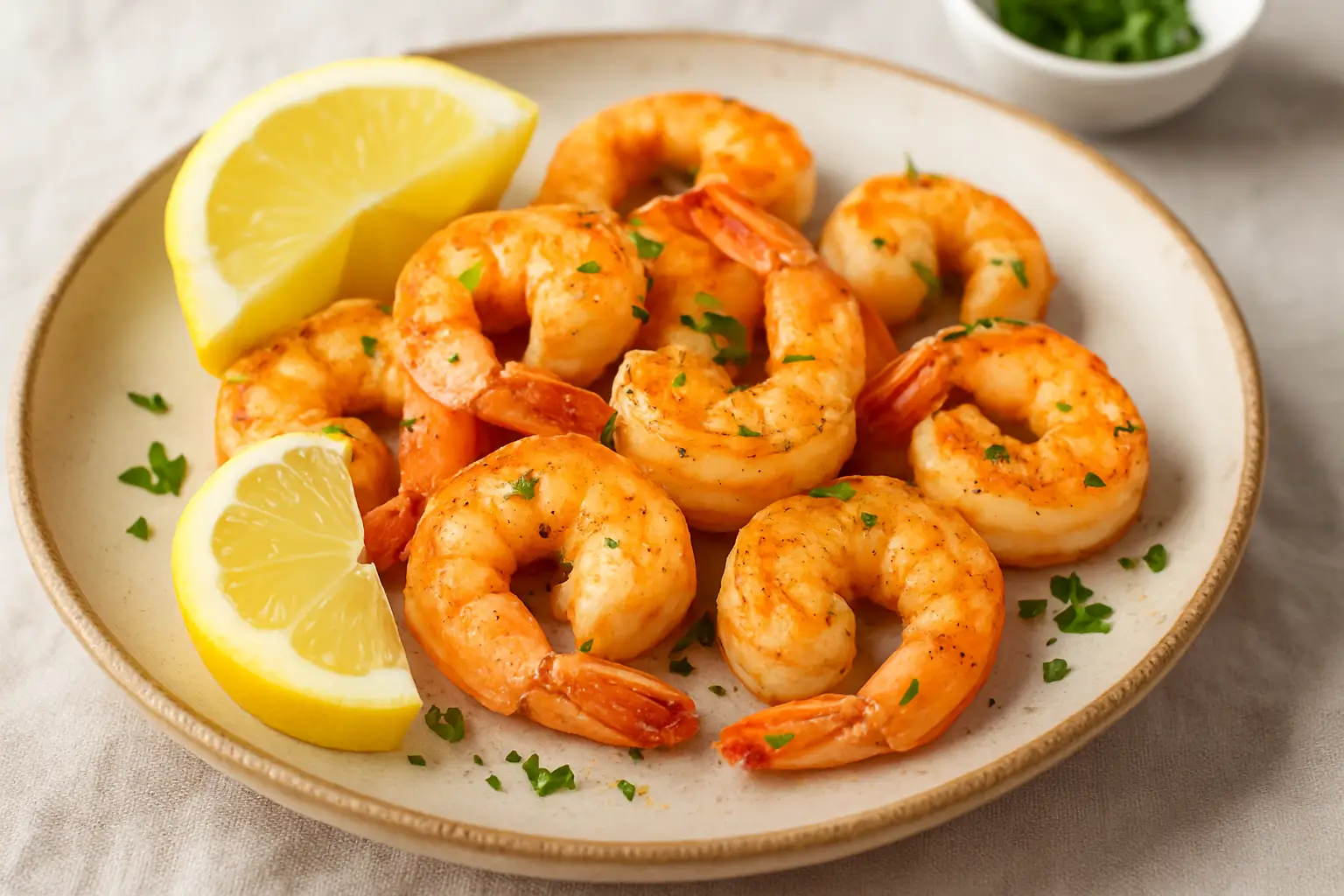 Shrimp in air fryer served with lemon on a plate