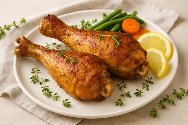 Golden crispy turkey drumsticks cooked in airfryer and served on a plate