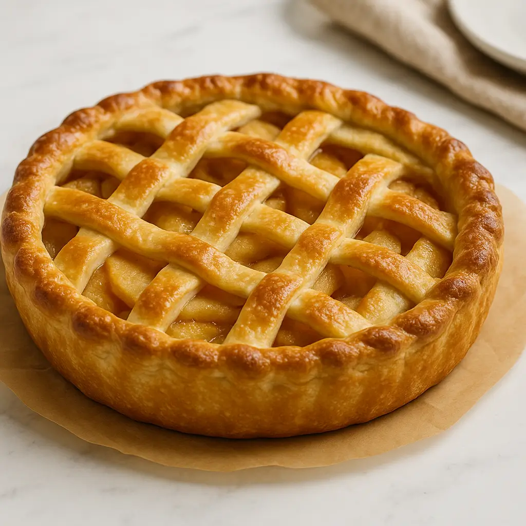 A freshly baked apple pie in air fryer with a golden crust