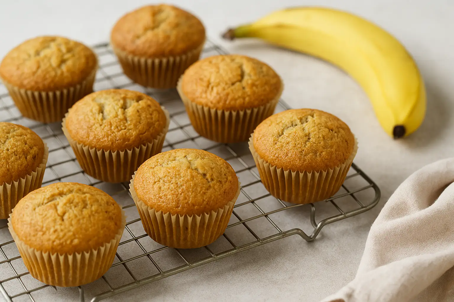 Fresh banana muffins in air fryer cooling on a rack