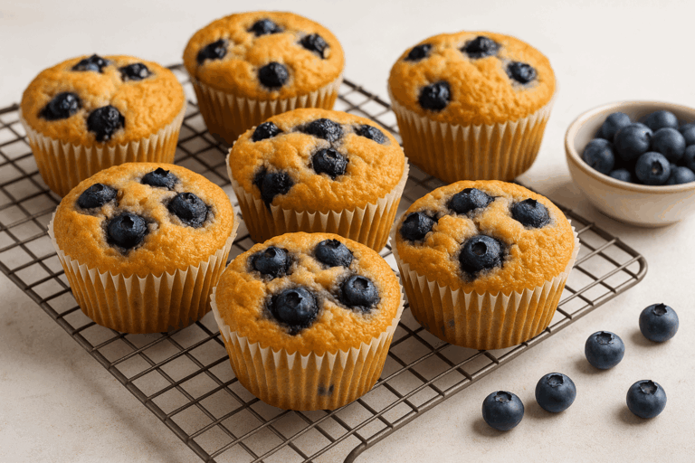 Blueberry muffins in air fryer cooling on a rack with visible berries