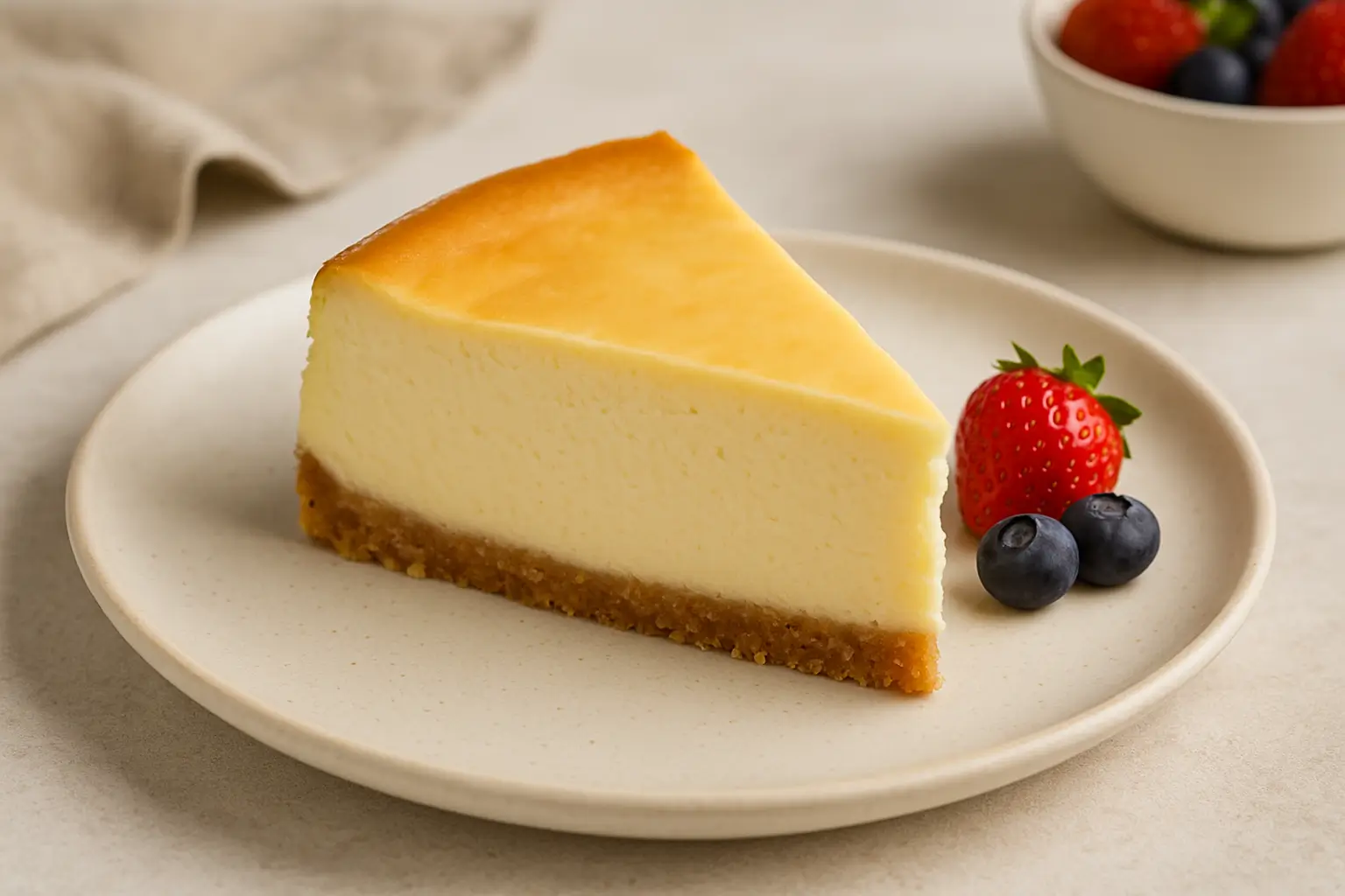 Cheesecake in air fryer served on a white plate with fruit