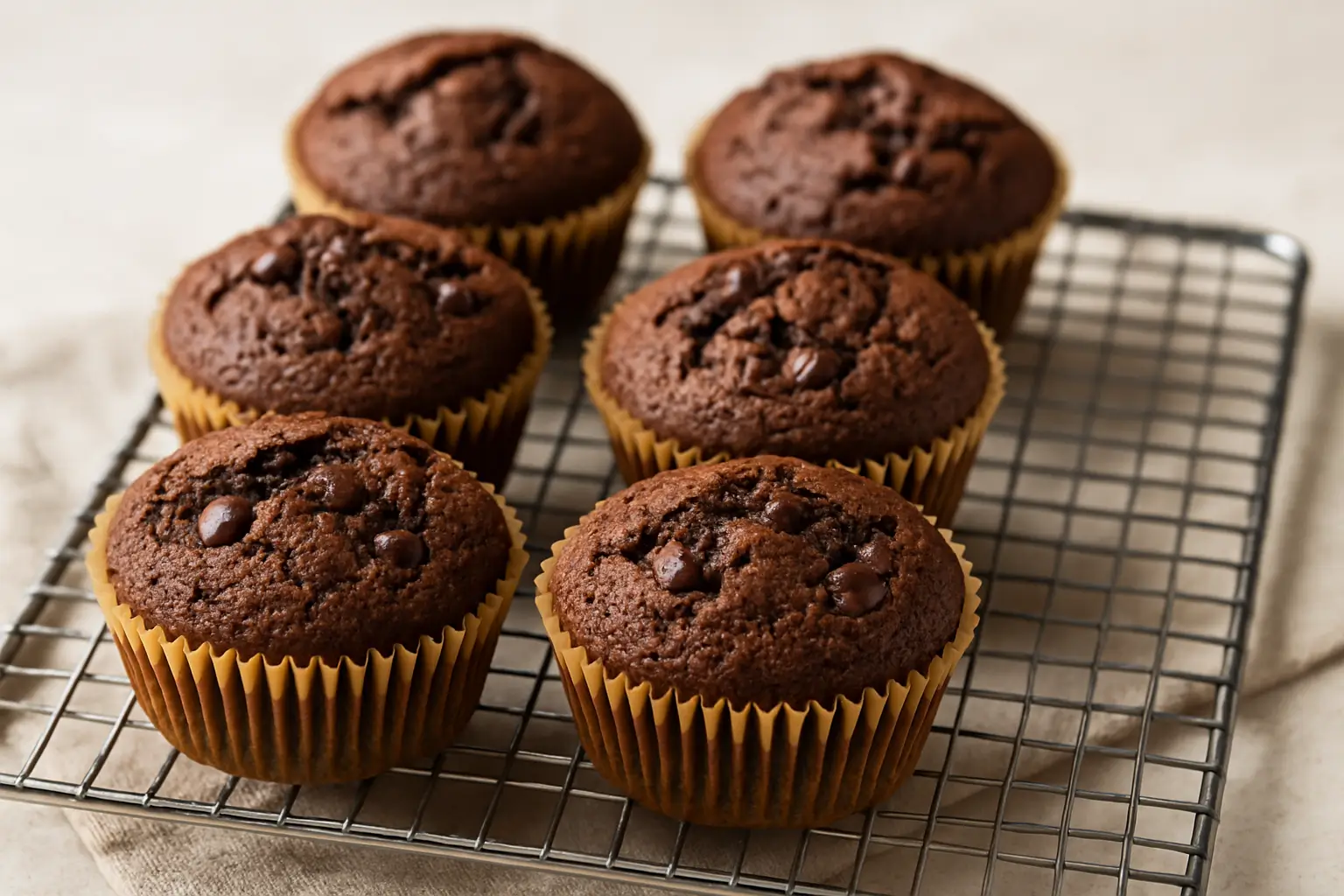 Chocolate muffins in air fryer cooling on a wire rack
