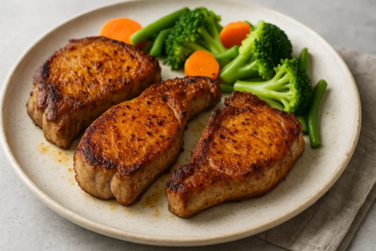 Chops in air fryer served on a plate with vegetables