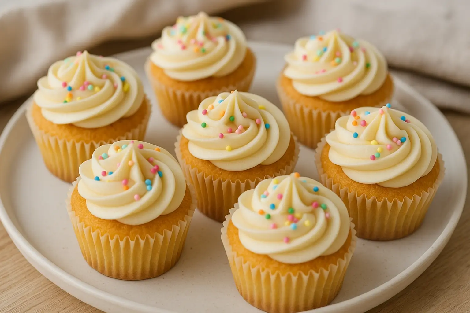 Cupcakes in air fryer topped with frosting and sprinkles