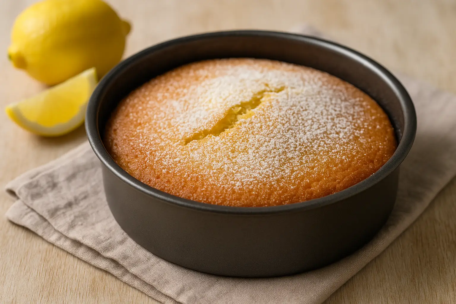 Lemon cake in air fryer baked golden and fluffy in a tin