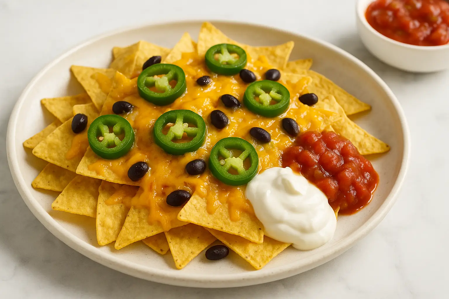 Plate of nachos in air fryer with cheese and jalapeños